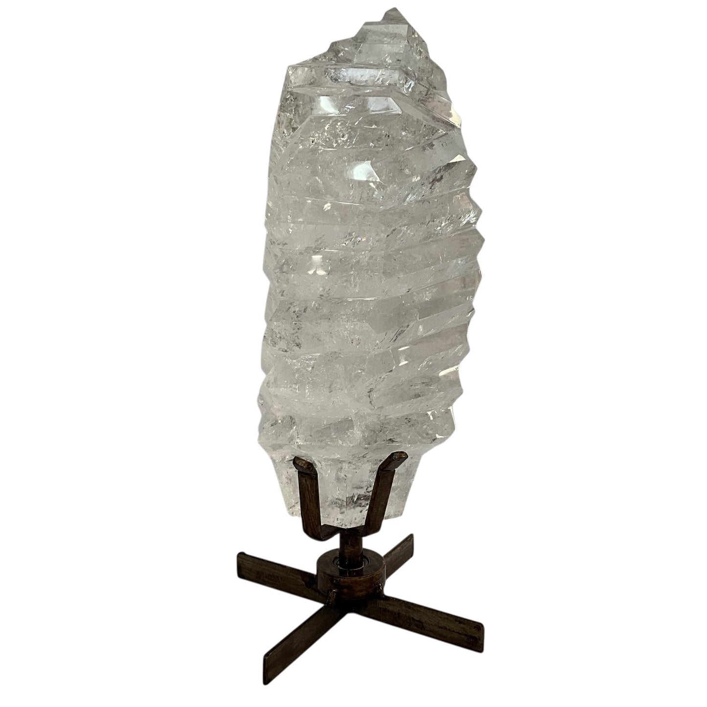Polished Clear Quartz Crystal w/ grooves on Spinning Stand