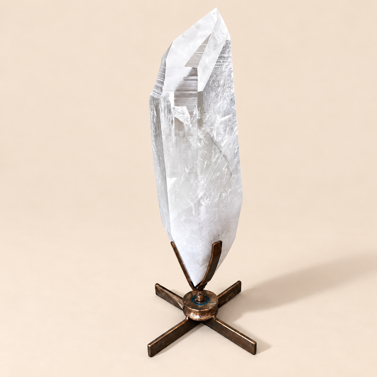 Lemurian Clear Quartz Crystal Point on Metal Spinning Stand