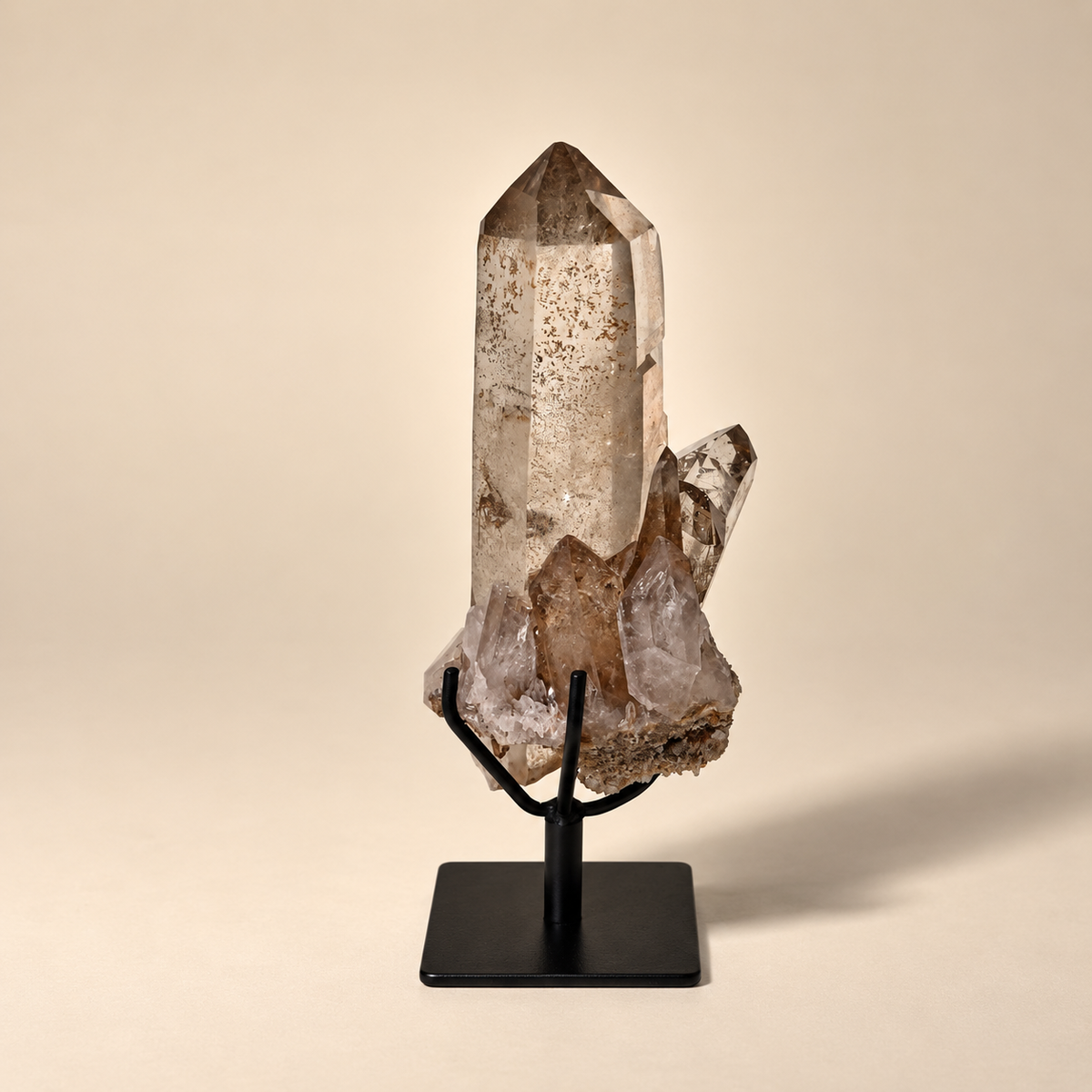 Smoky Quartz Crystal Generator w/ Cluster on Metal Base