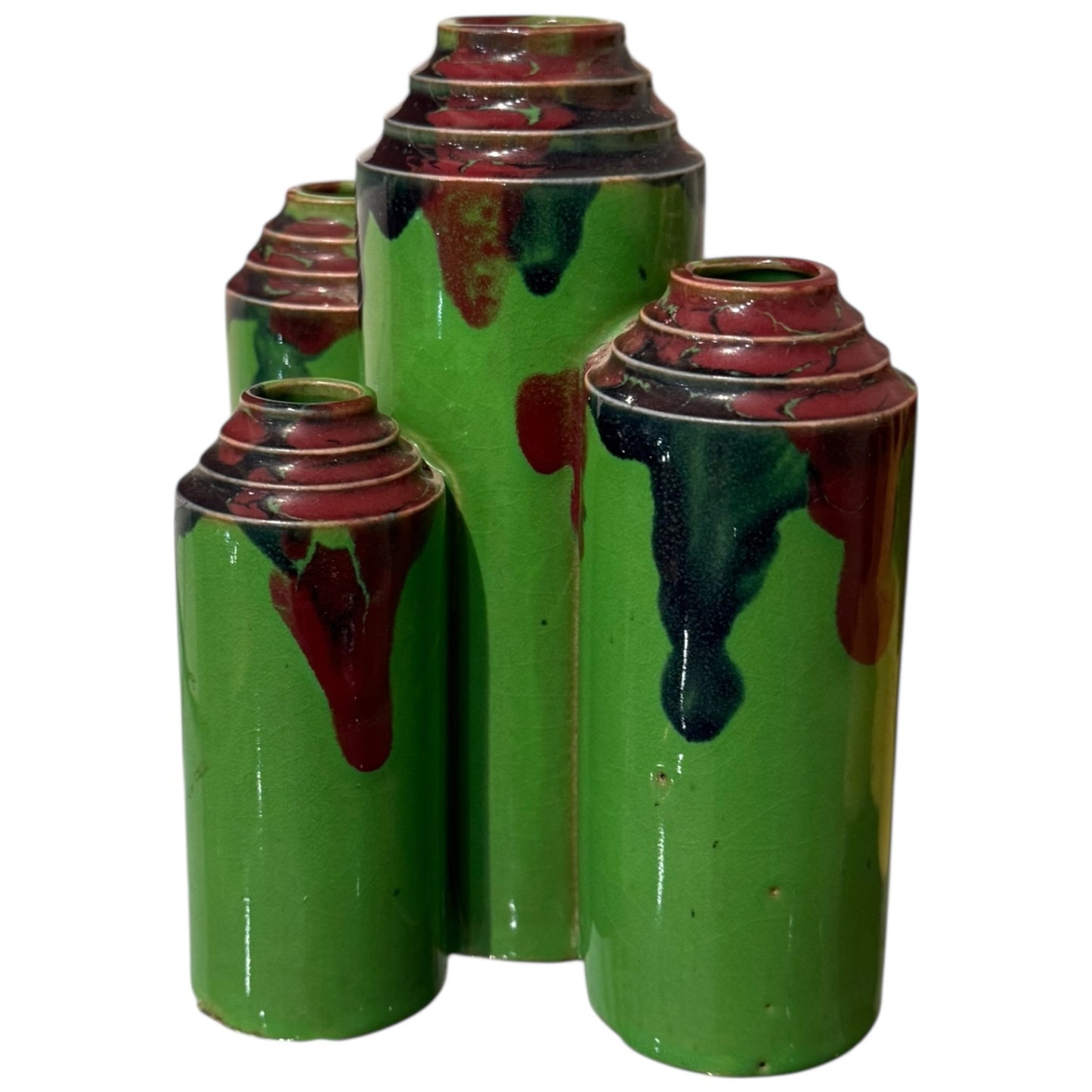 Pair of Art Deco Drip Vases Yellow and Green Bases with Multi Colors