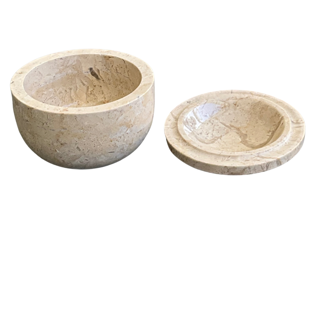 Vintage Travertine Stone Bowl with Lid