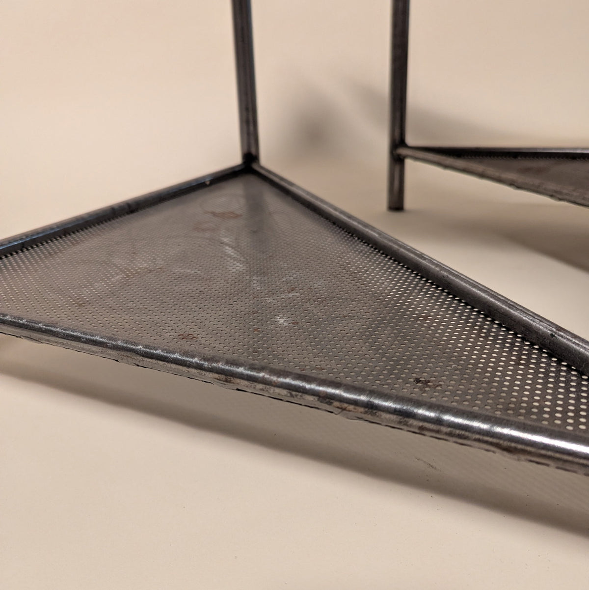 Pair of Triangular Brushed Steel & Marble Tables by Rich Martin