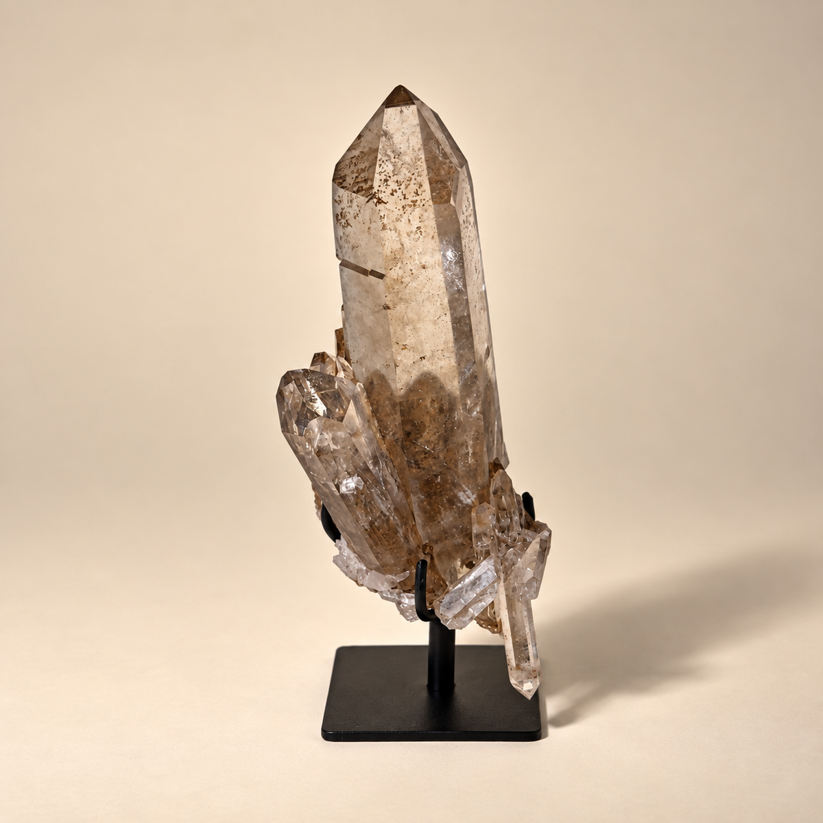 Smoky Quartz Crystal Generator w/ Cluster on Metal Base