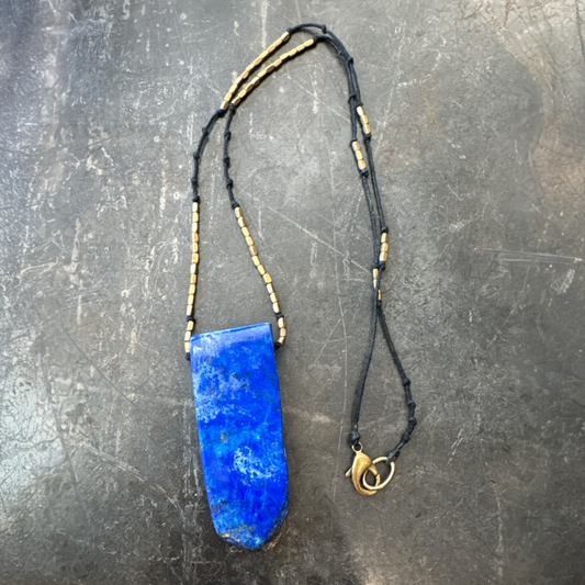 Large Lapis Lazuli Necklace w/ Hand-Knotted Japanese Cord and Brass