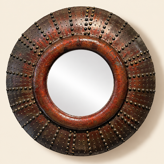 Large Round Brown Leather ‘Sunburst Mirror’, Jacques Adnet