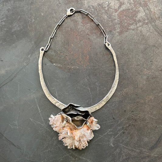 Hammered Silver Pink Quartz Crystal Generator Rose Bud Antique Sterling Silver Choker