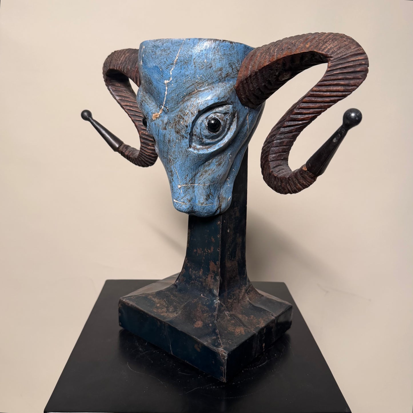 Vintage Turquoise Tone Unique Ram Head Sculpture on Base
