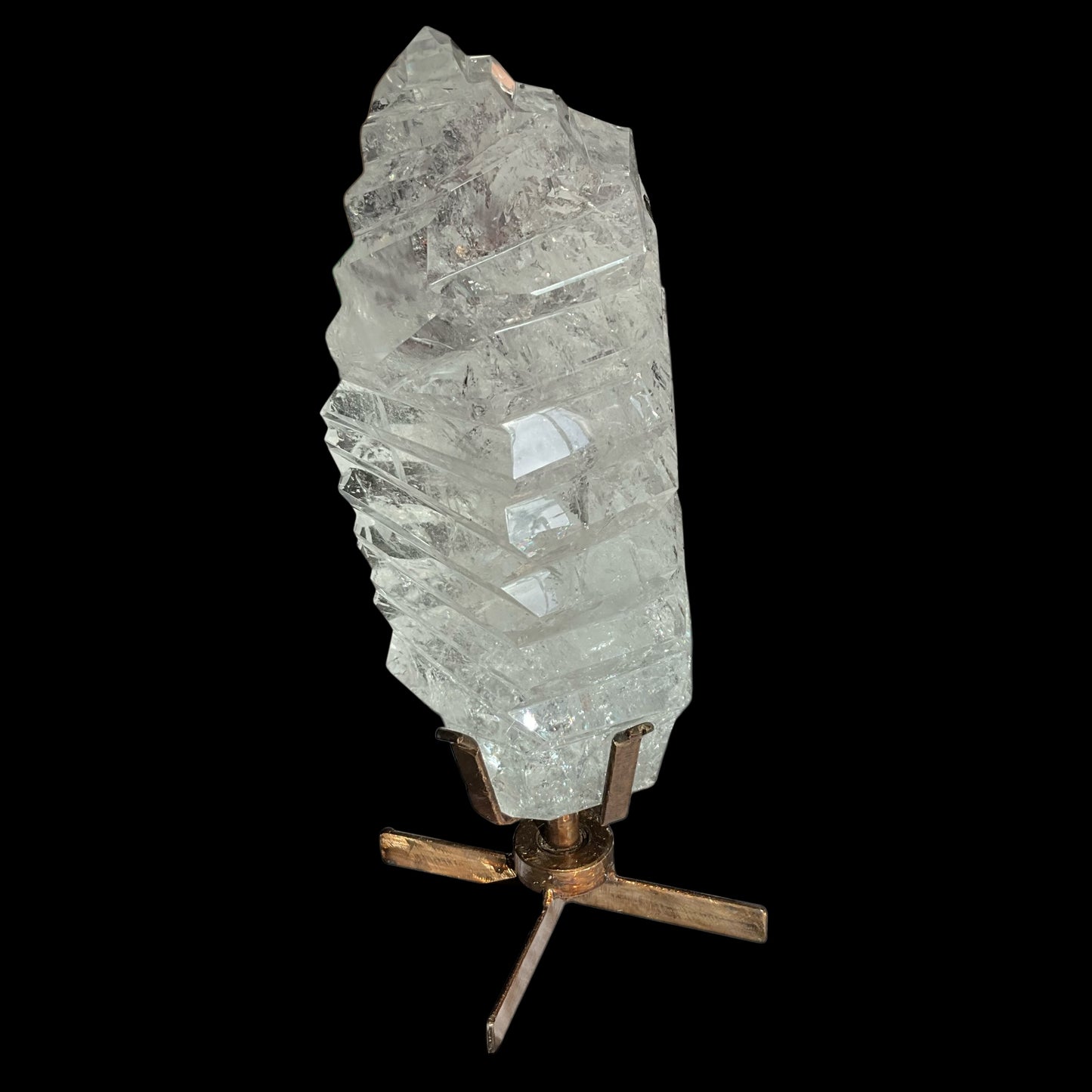 Polished Clear Quartz Crystal w/ grooves on Spinning Stand