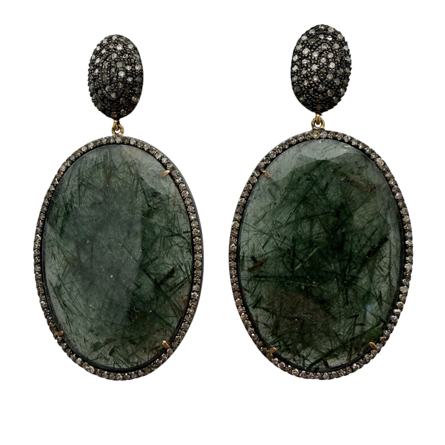 Green Tone Rutilated Quartz & Diamond Earrings