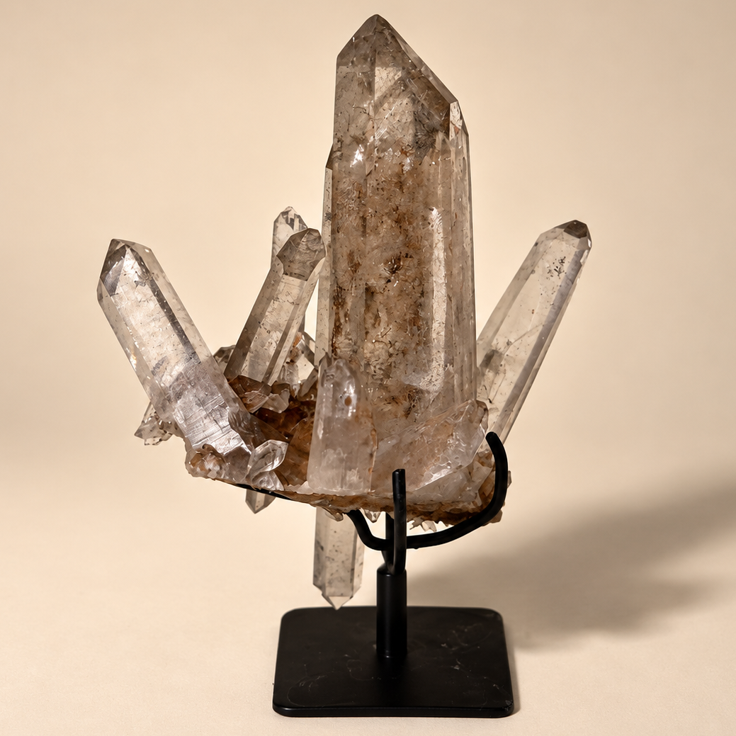 Smoky Quartz Crystal Generator Cluster on Metal Base