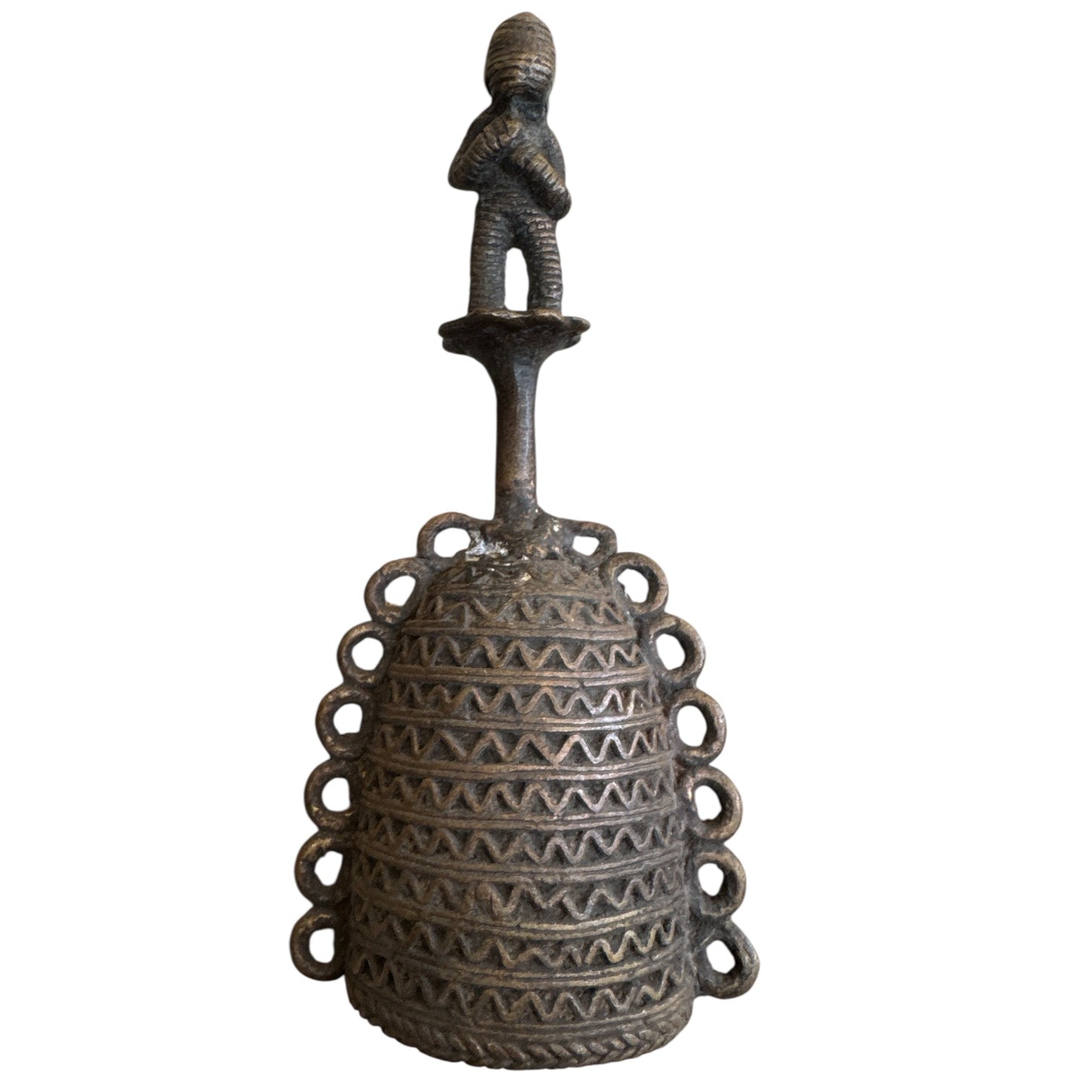 Benin Bronze Bell Man with Hands on Chest