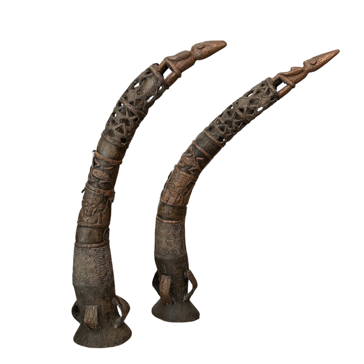 Pair of Carved Wooden and Copper Tusks