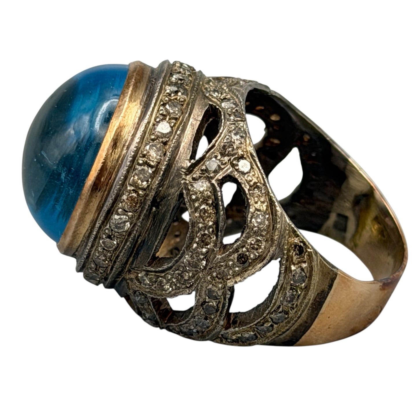 Cabochon Blue Topaz Ring with Diamonds