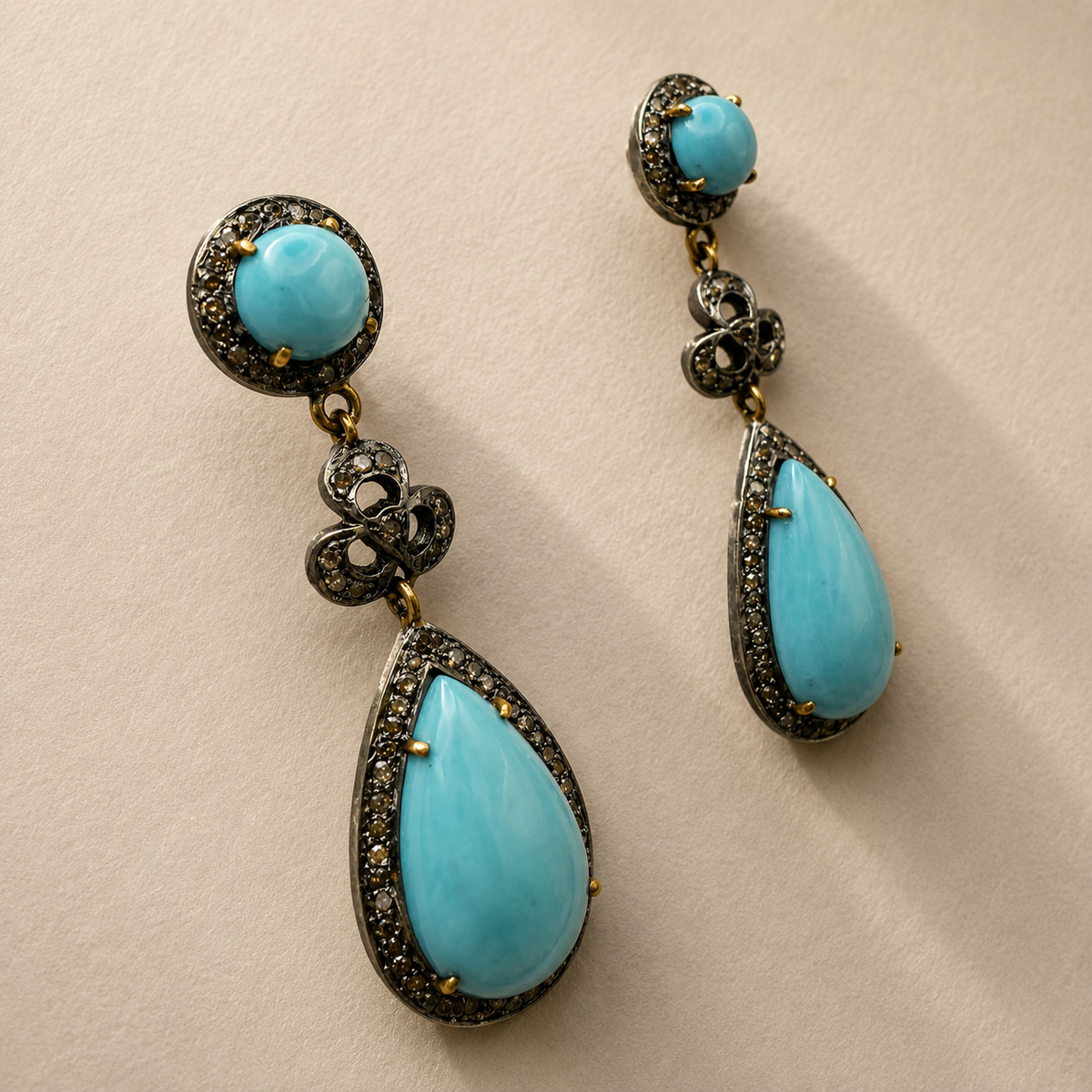 Cabochon Circle & Tear Drop Turquoise Earrings with Diamonds