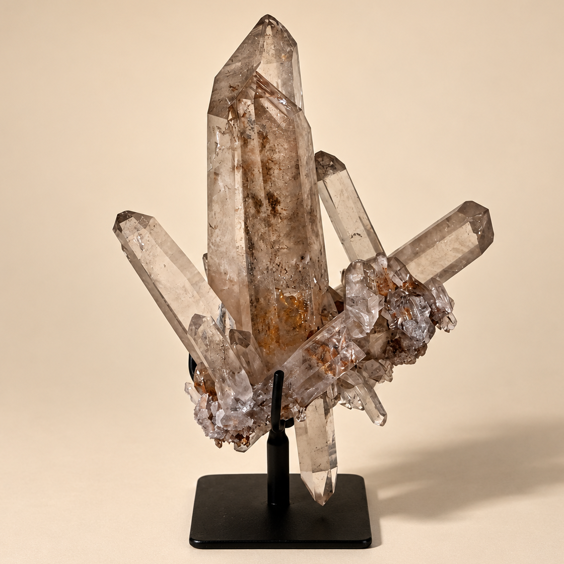 Smoky Quartz Crystal Generator Cluster on Metal Base