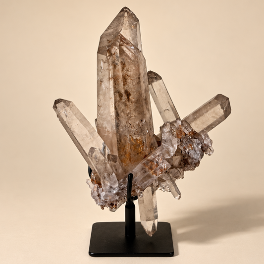 Smoky Quartz Crystal Generator Cluster on Metal Base