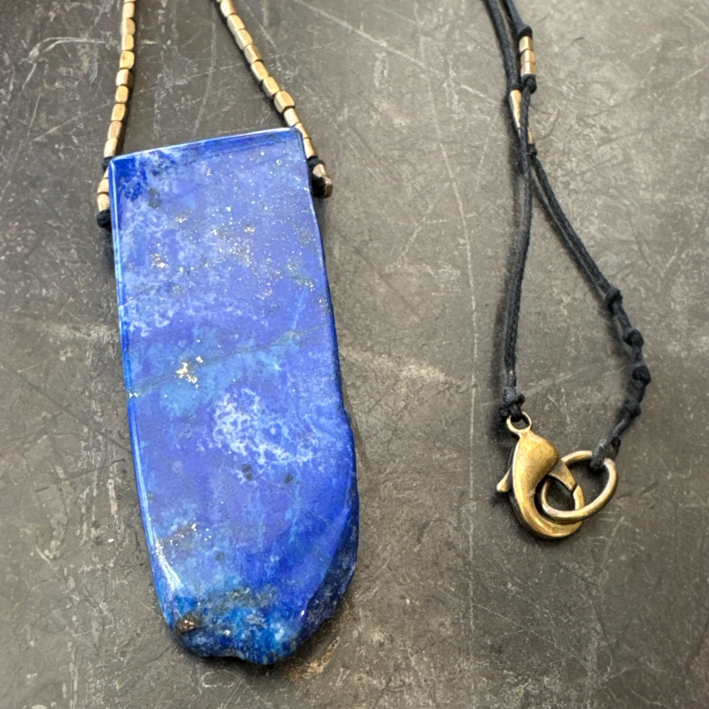 Large Lapis Lazuli Necklace w/ Hand-Knotted Japanese Cord and Brass
