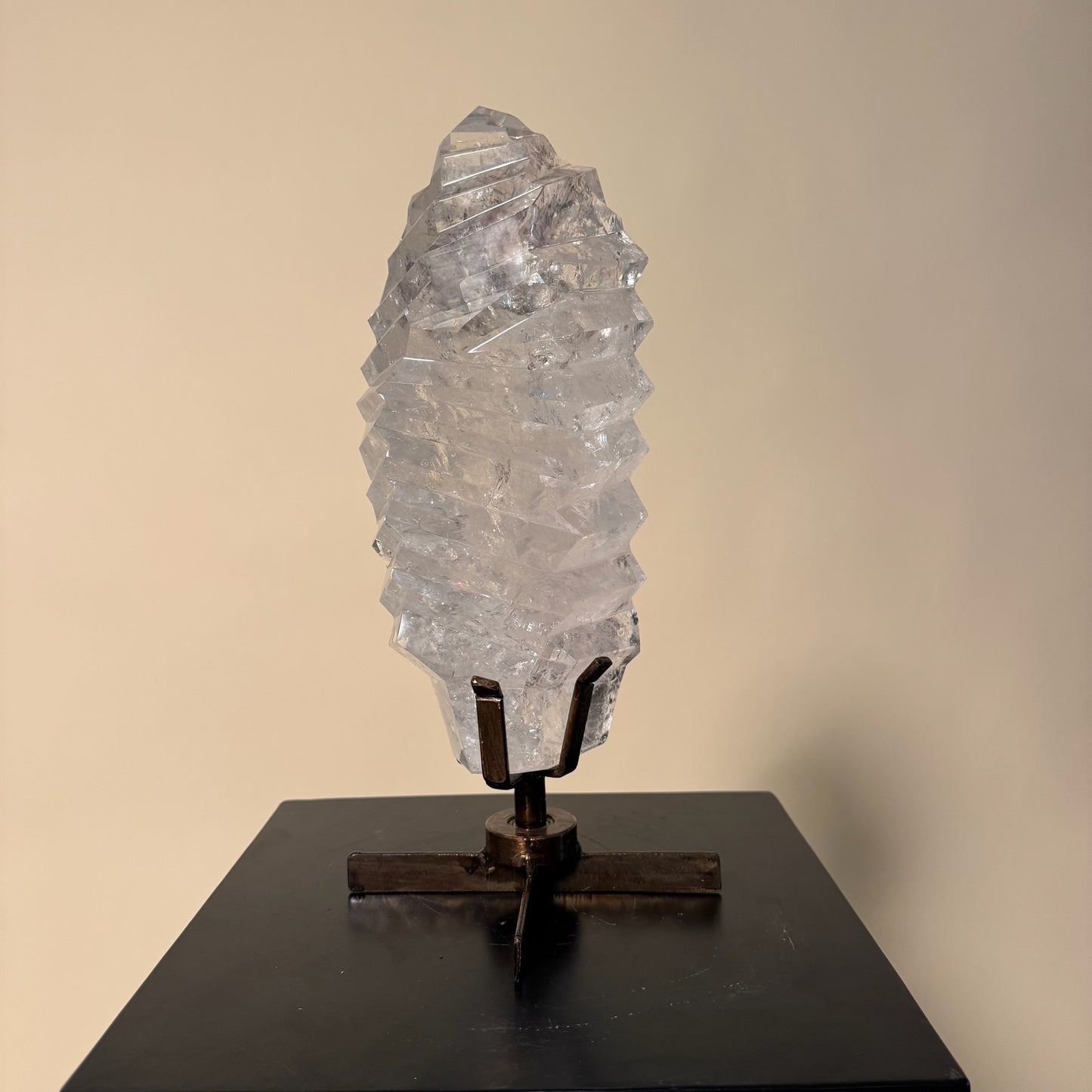 Polished Clear Quartz Crystal w/ grooves on Spinning Stand