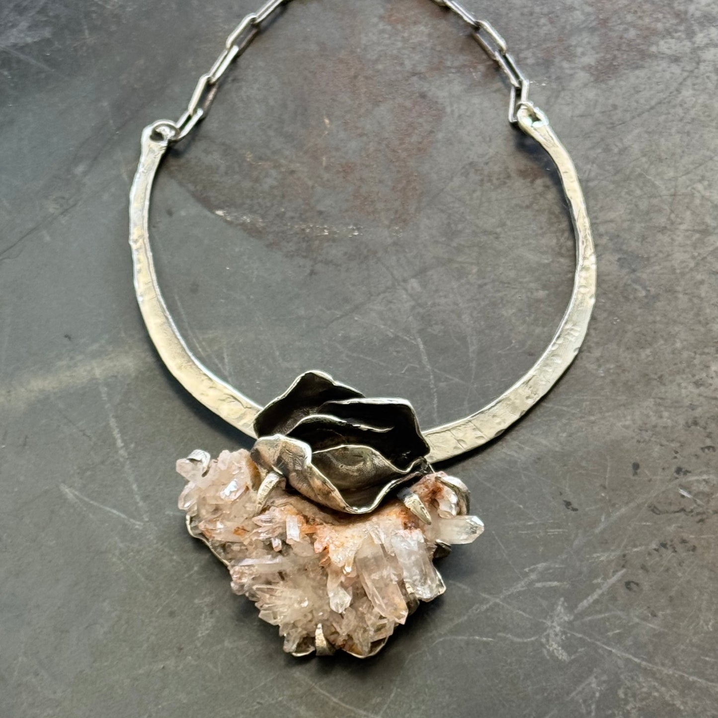 Hammered Silver Pink Quartz Crystal Generator Rose Bud Antique Sterling Silver Choker