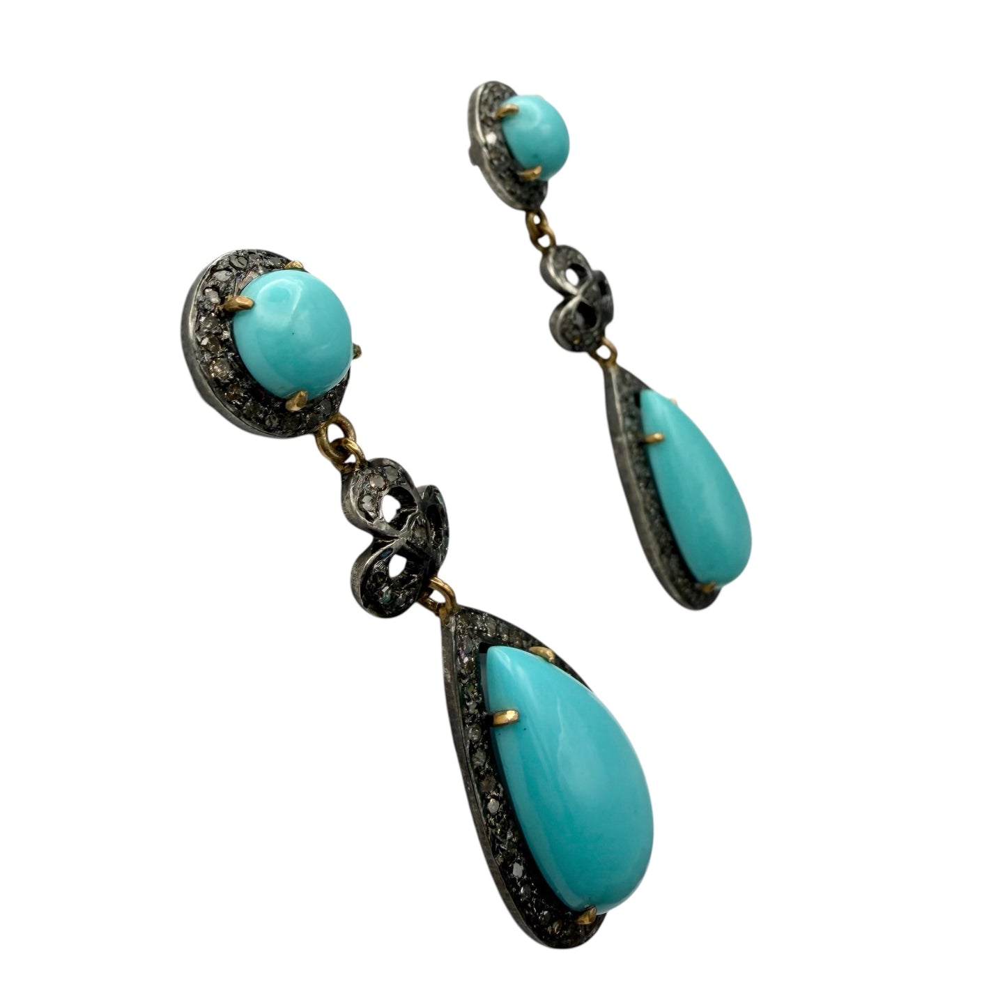 Cabochon Circle & Tear Drop Turquoise Earrings with Diamonds