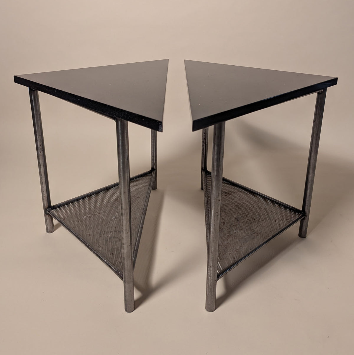 Pair of Triangular Brushed Steel & Marble Tables by Rich Martin
