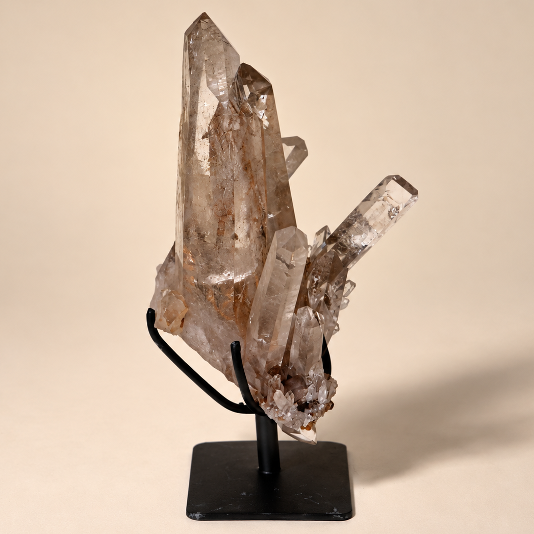 Smoky Quartz Crystal Generator Cluster on Metal Base