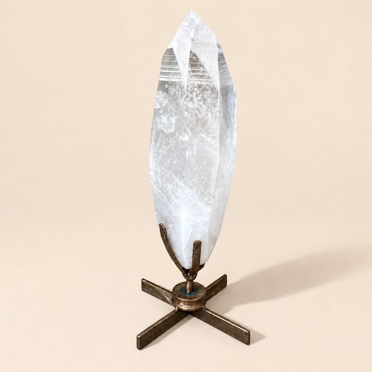 Lemurian Clear Quartz Crystal Point on Metal Spinning Stand