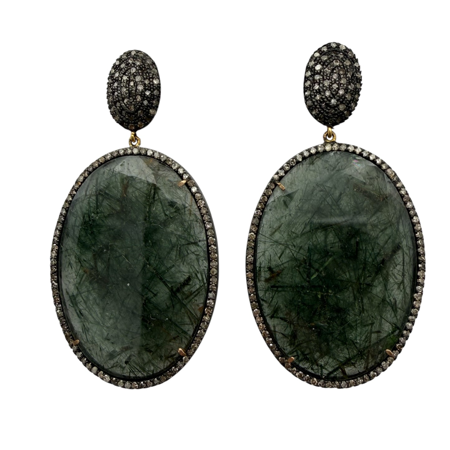 Green Tone Rutilated Quartz & Diamond Earrings