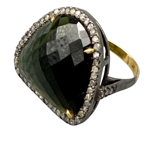 Faceted Green Tourmaline & Diamond Ring