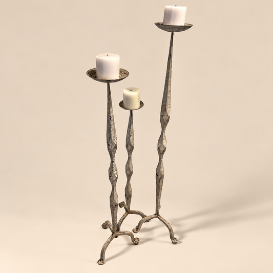 Heavy White Patina Iron Candle Stand Trio