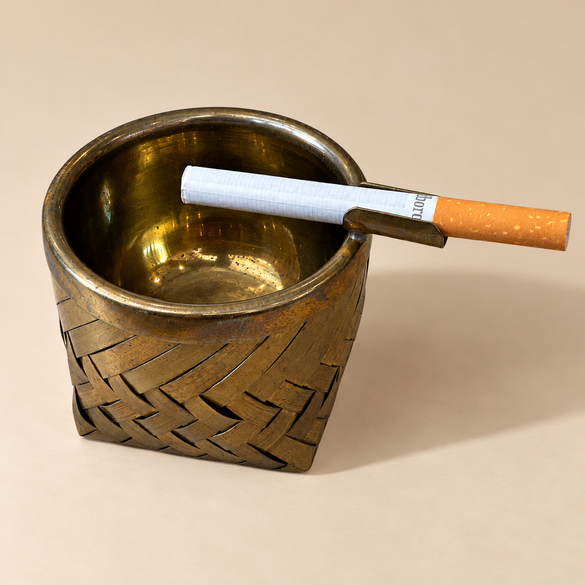 Vintage Woven Brass Ashtray with Holder