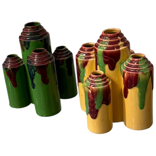 Pair of Art Deco Drip Vases Yellow and Green Bases with Multi Colors