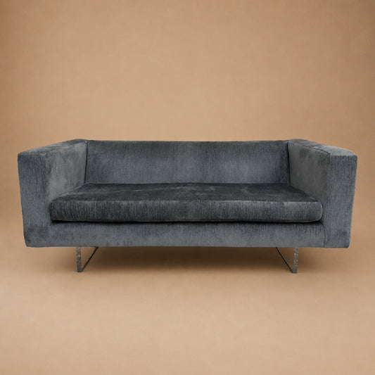 Rare Harvey Probber Settee Couch in Plush Shark Blue w/ Lucite Base