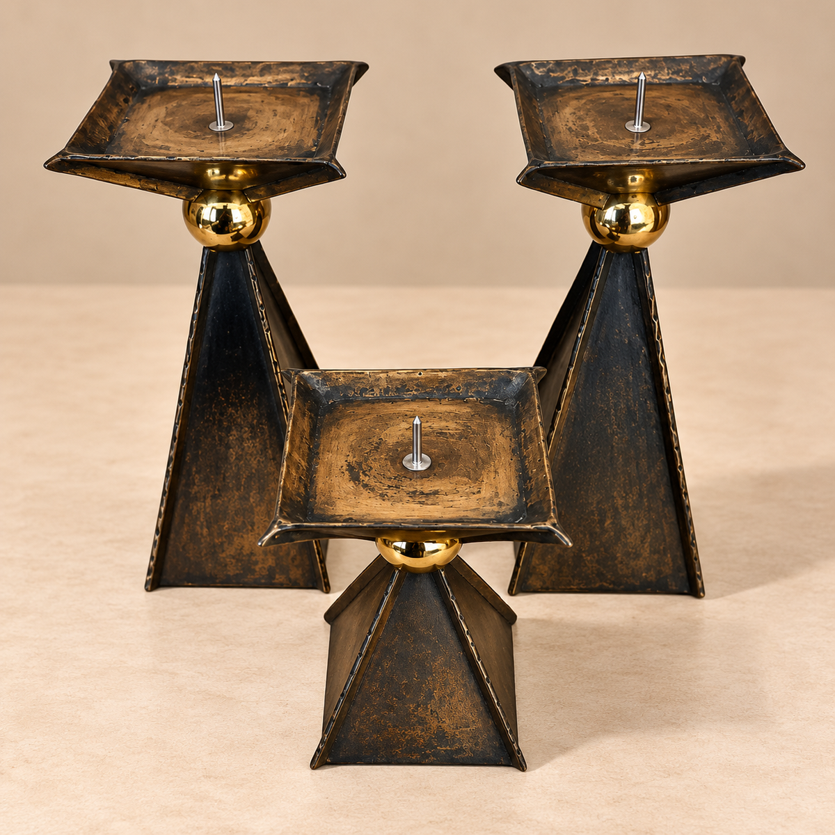 Set of 3 Brass Pyramid Candle Holders w/Brass Ball