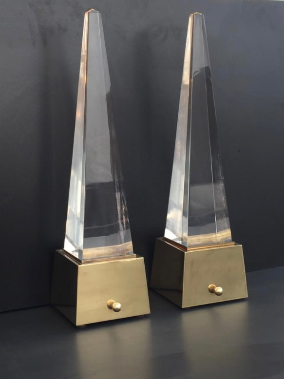 Pair of Brass / Lucite Pyramid Lamps