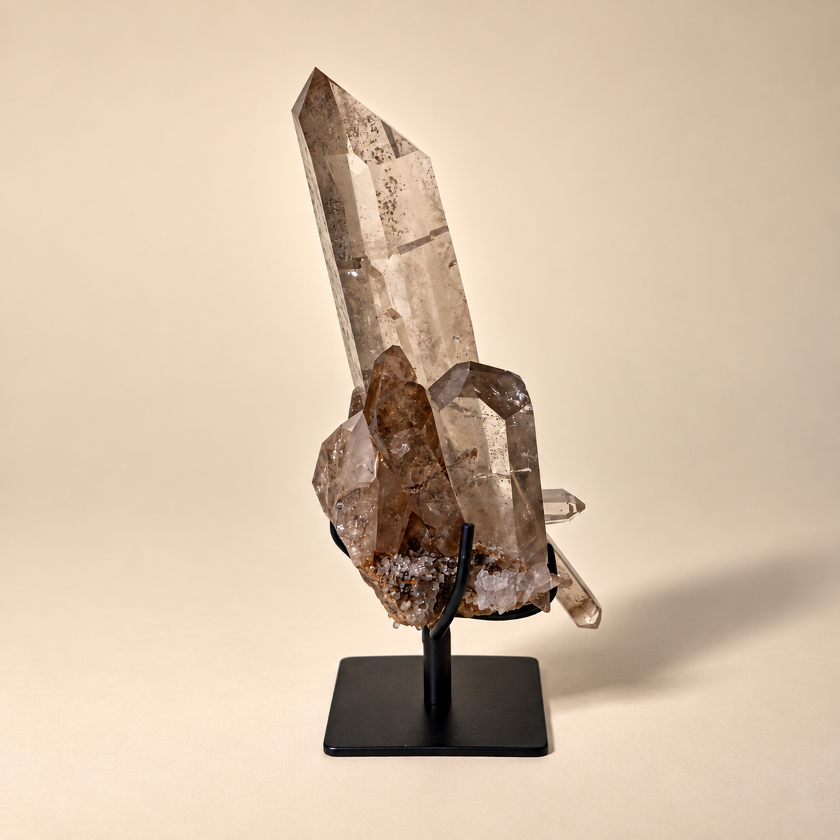 Smoky Quartz Crystal Generator w/ Cluster on Metal Base
