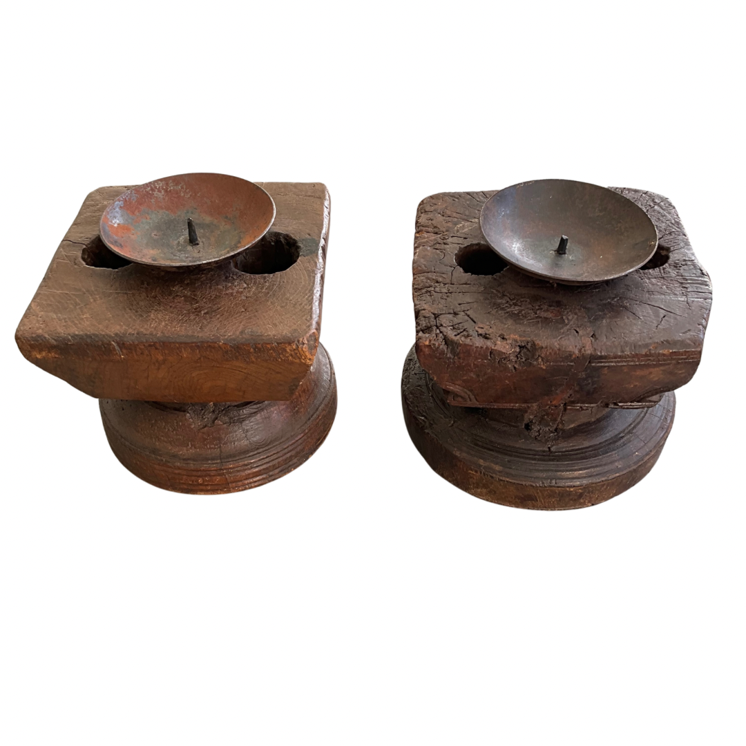 Pair of Rustic Wood & Metal Candle Holders