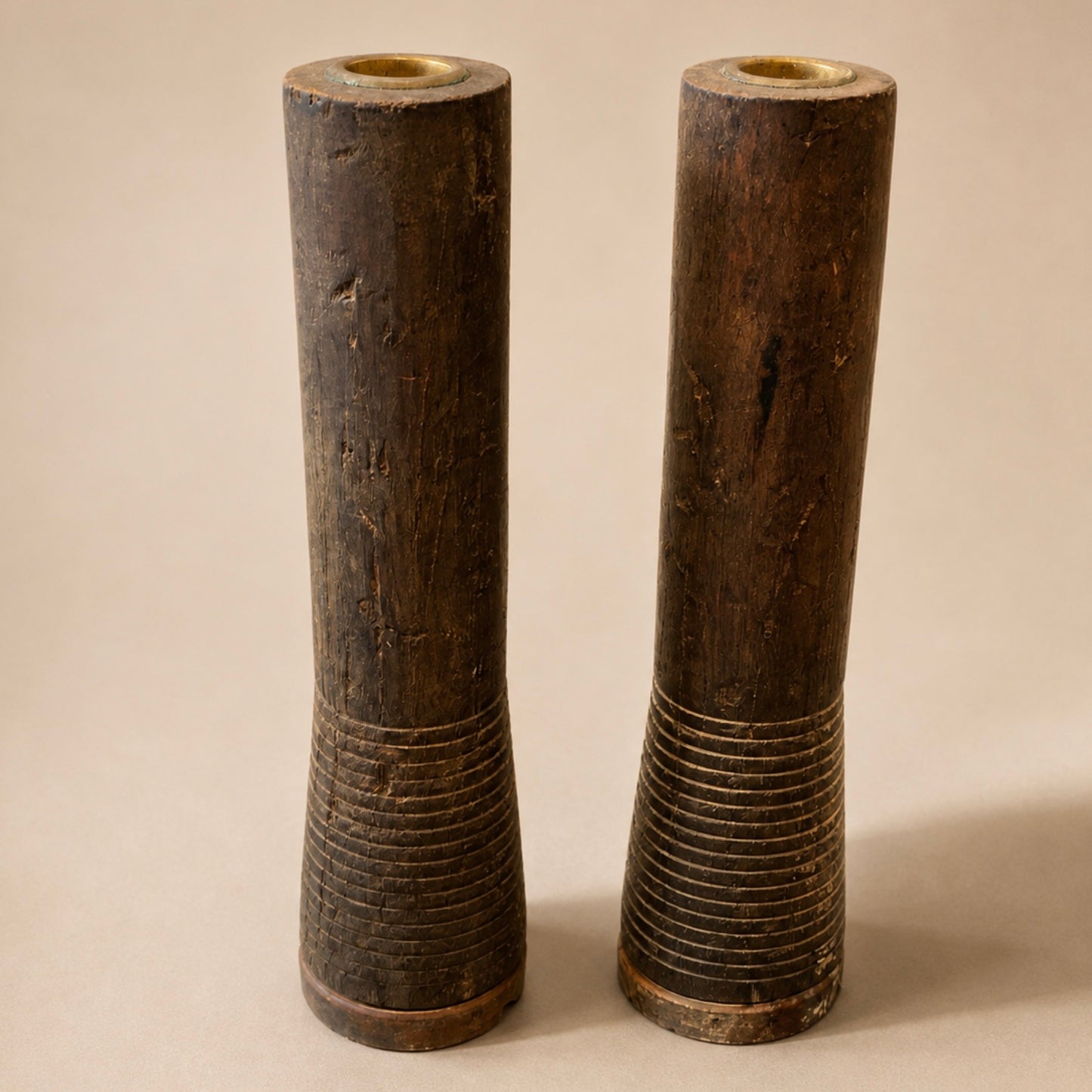 Vintage Rustic Pair of Wood & Metal Candle Holers