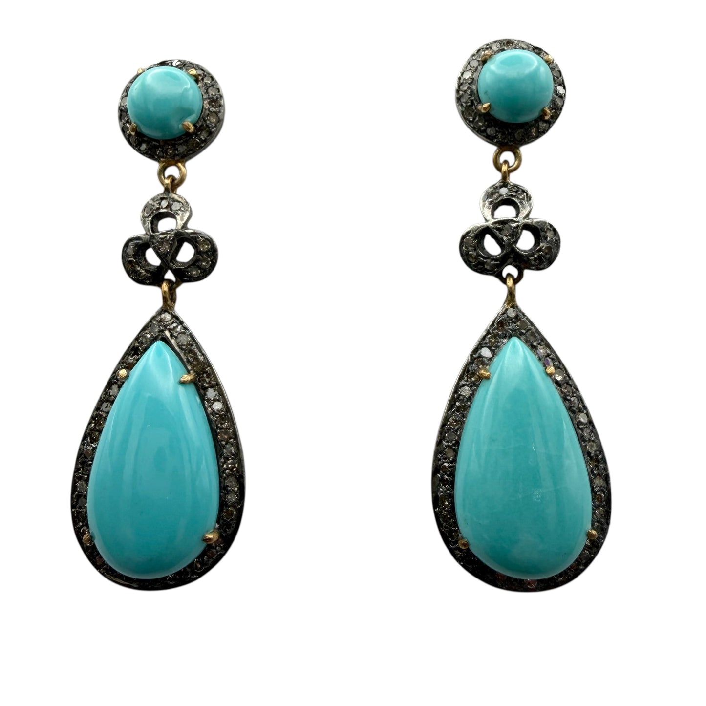 Cabochon Circle & Tear Drop Turquoise Earrings with Diamonds