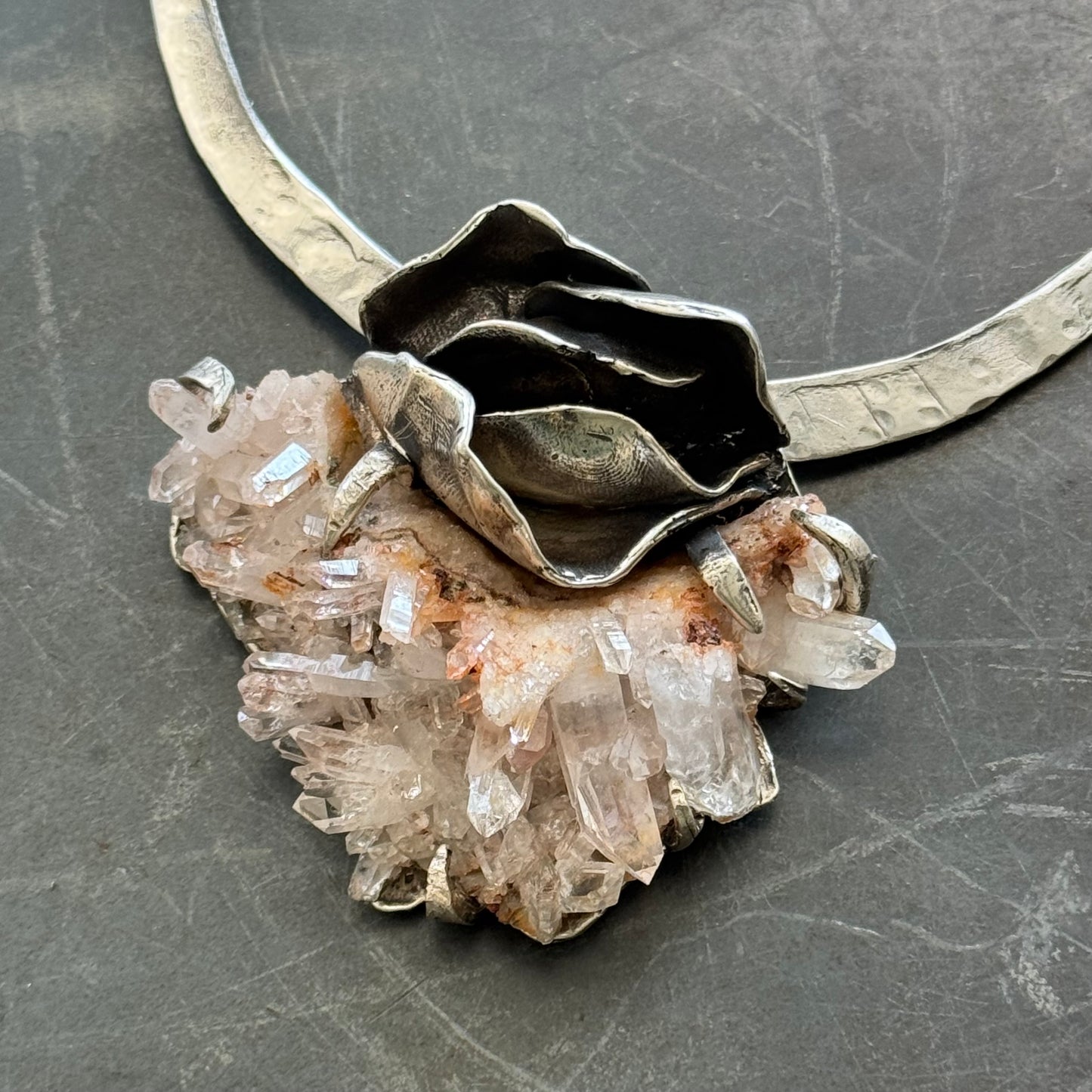 Hammered Silver Pink Quartz Crystal Generator Rose Bud Antique Sterling Silver Choker