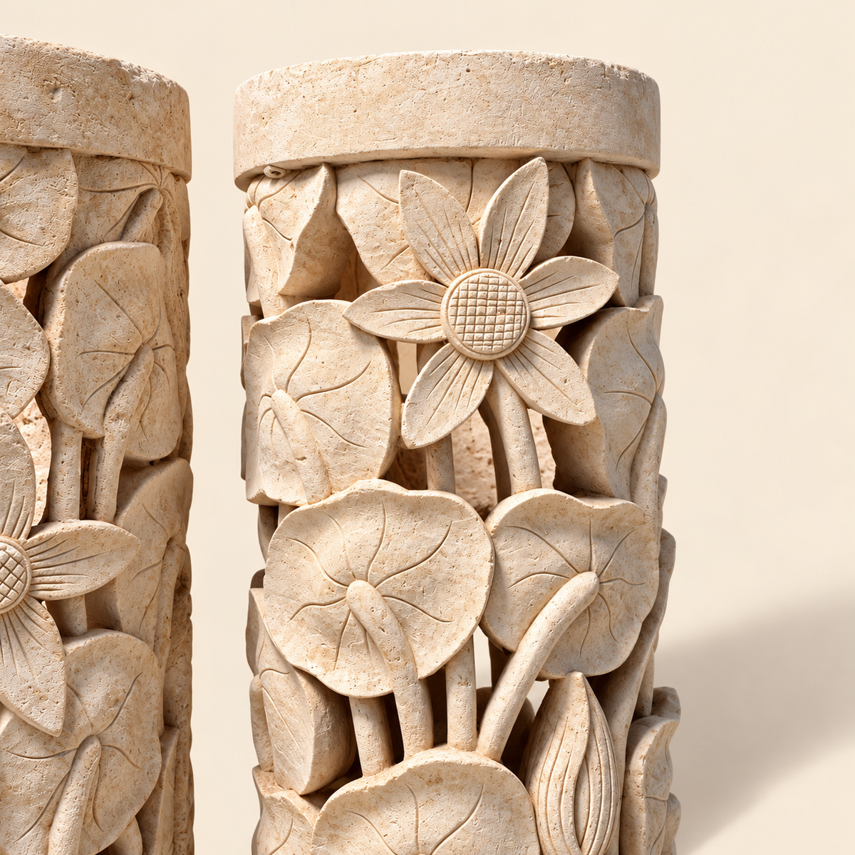 Pair of Sandstone Carved Pillar Planters