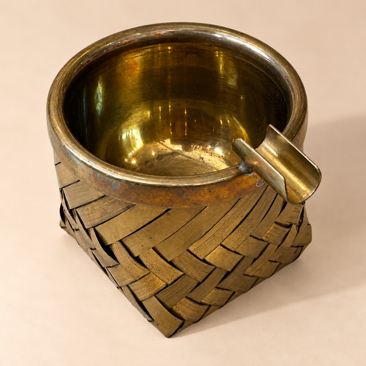 Vintage Woven Brass Ashtray with Holder