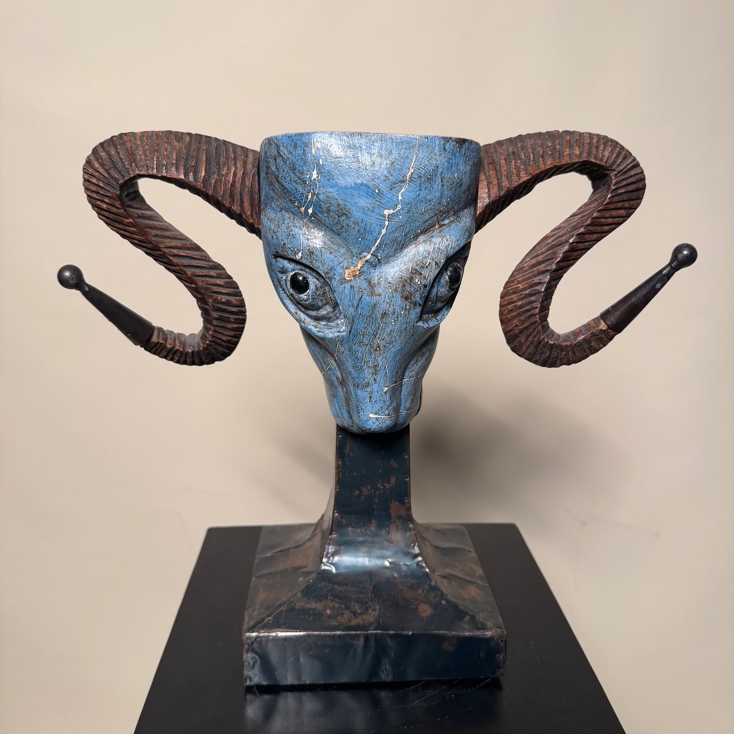 Vintage Turquoise Tone Unique Ram Head Sculpture on Base