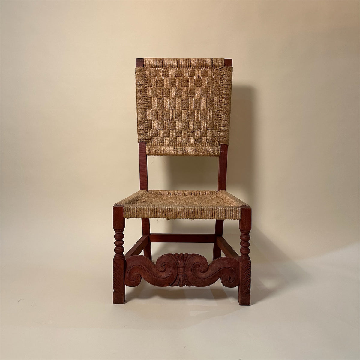 Pair of Carved Wooden and Woven Rope Armchairs