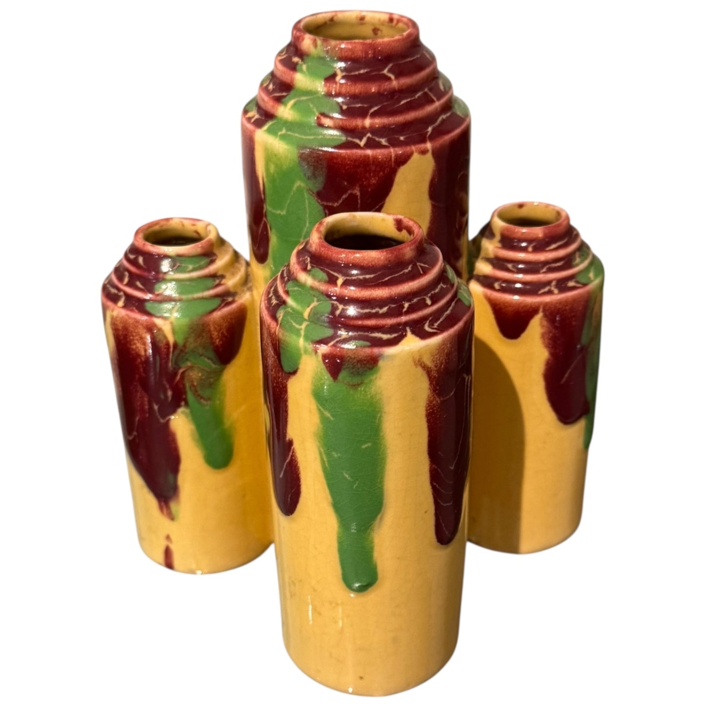 Pair of Art Deco Drip Vases Yellow and Green Bases with Multi Colors