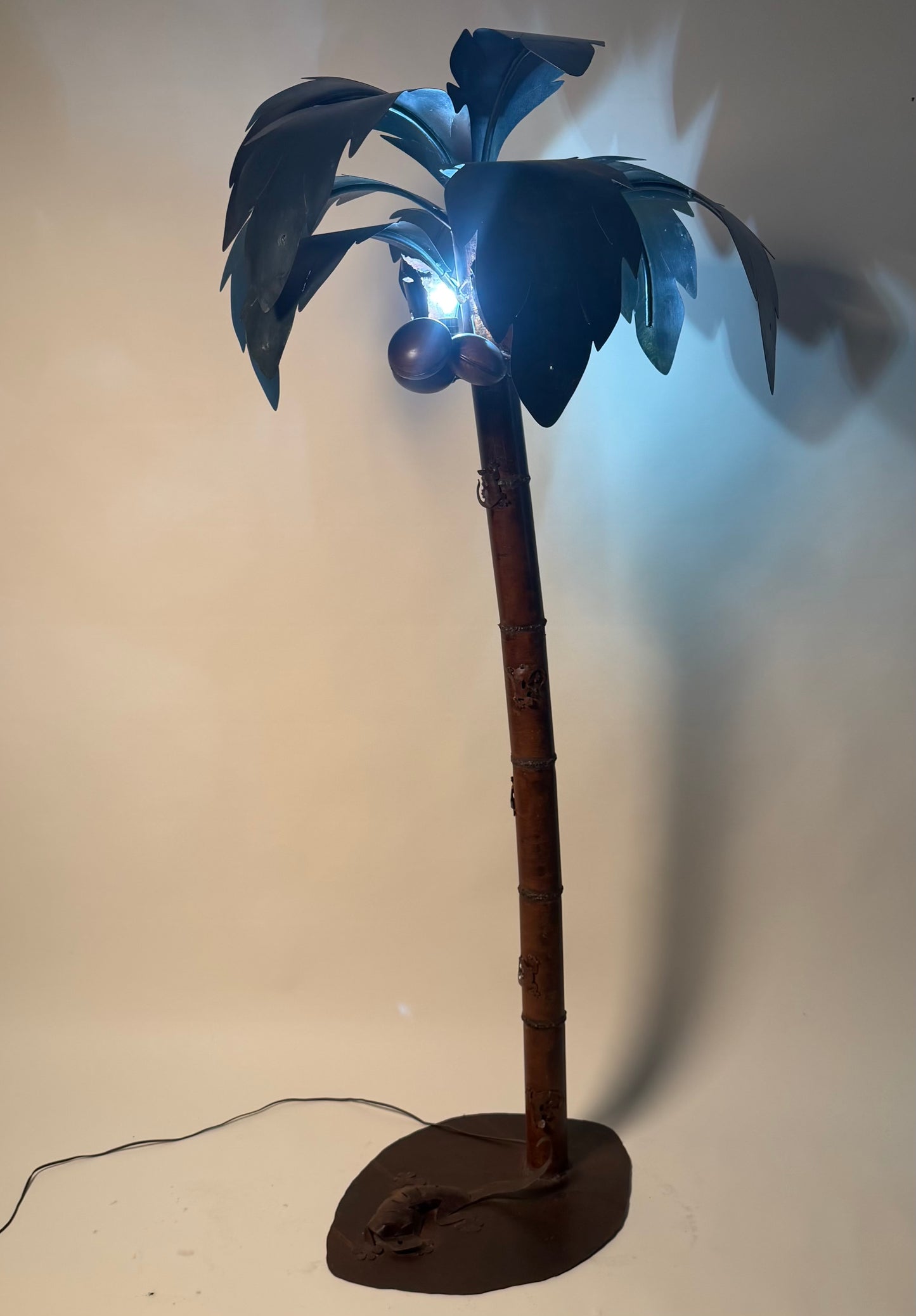 Vintage Metal Palm Tree Floor Lamp with Coconuts Accent