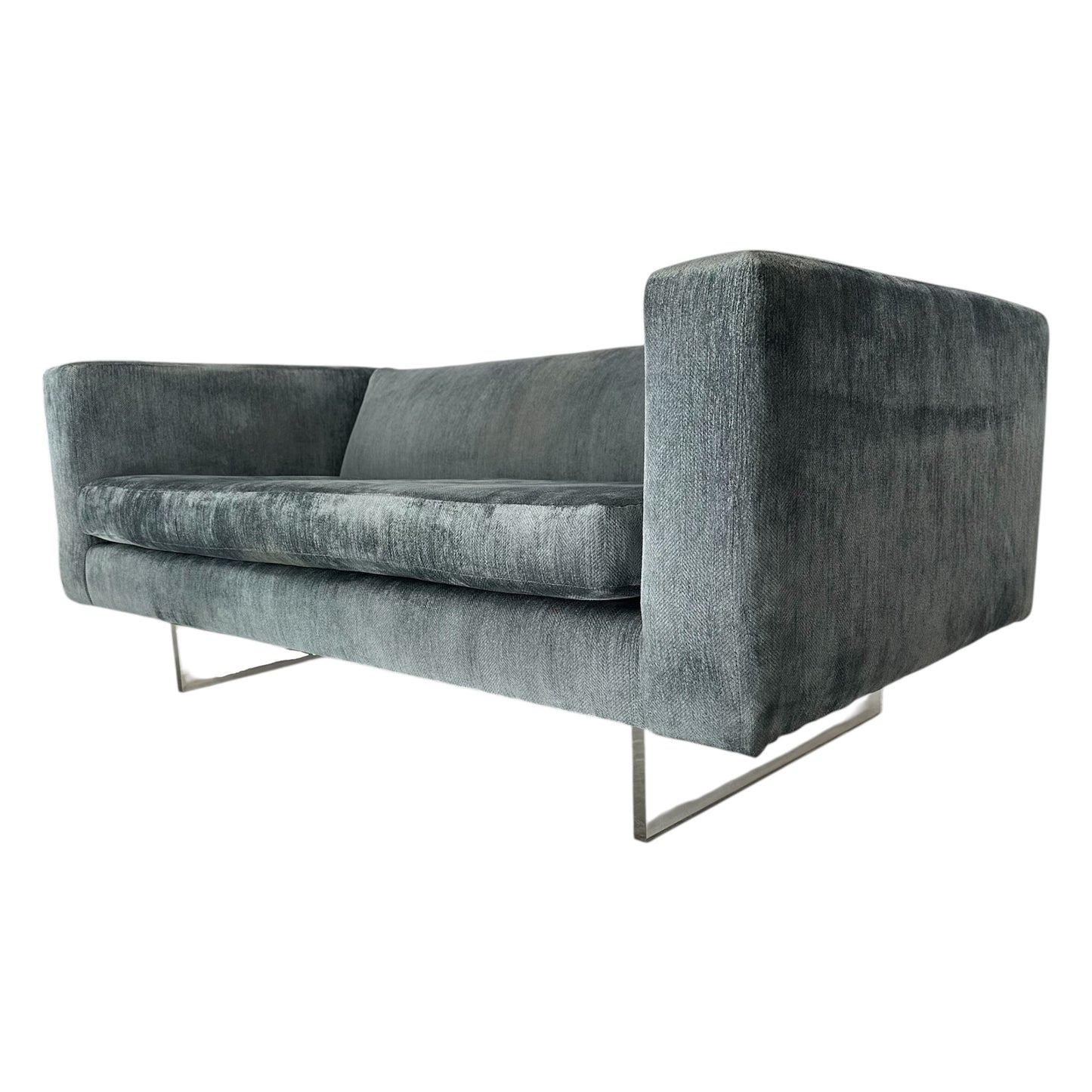 Rare Harvey Probber Settee Couch in Plush Shark Blue w/ Lucite Base