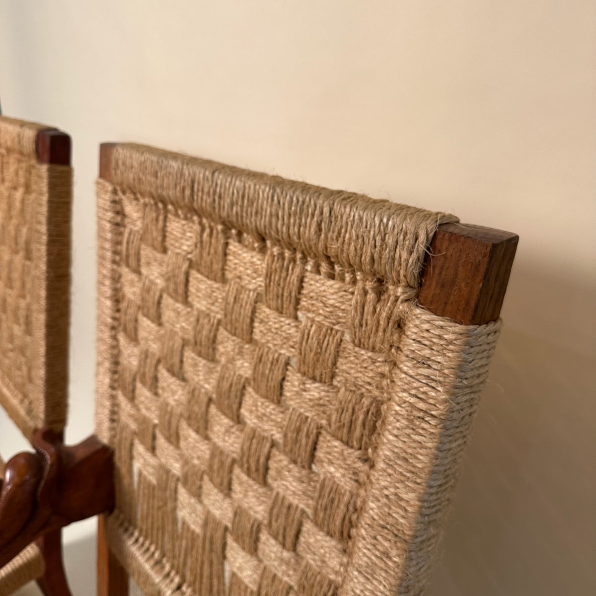 Pair of Carved Wooden and Woven Rope Armchairs