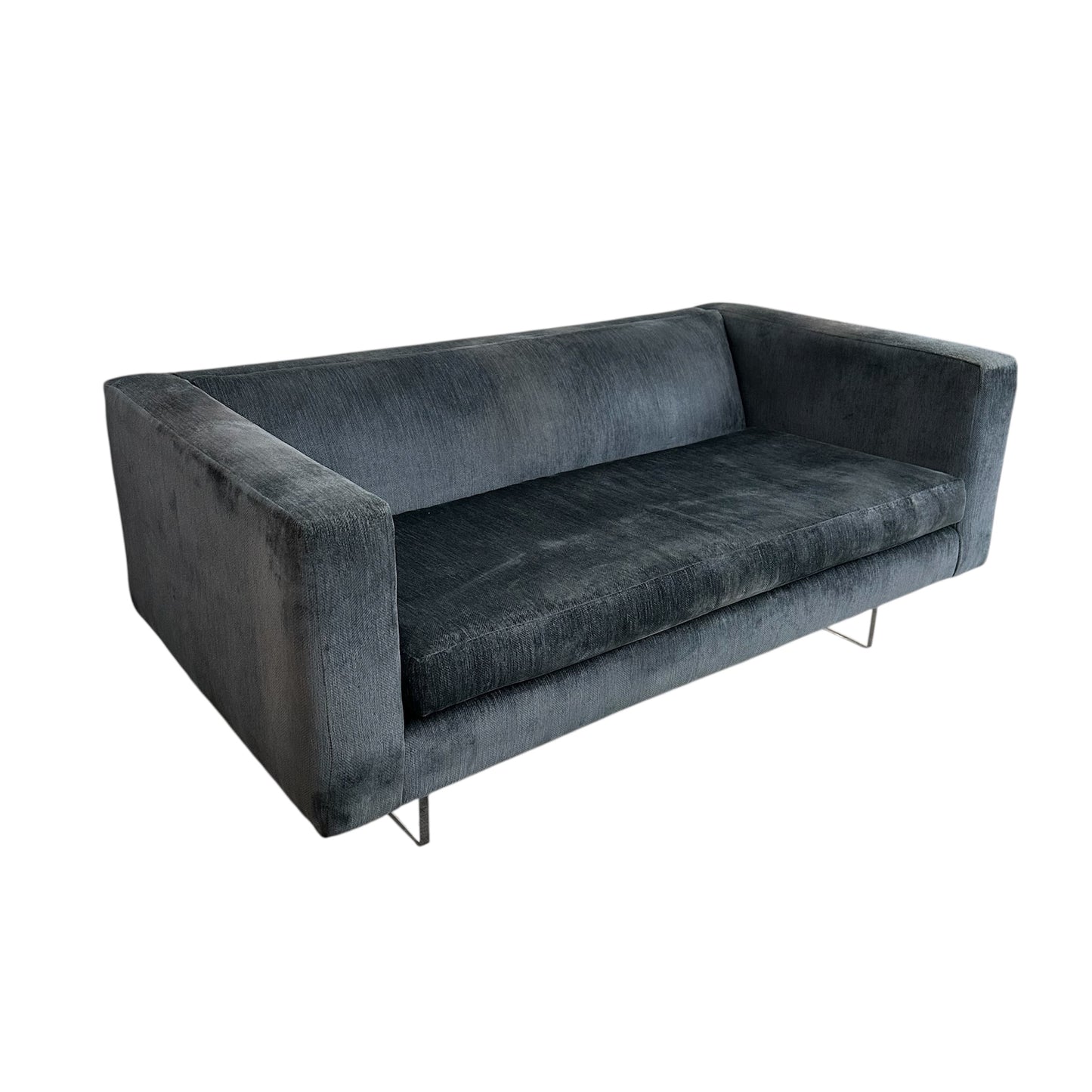 Rare Harvey Probber Settee Couch in Plush Shark Blue w/ Lucite Base