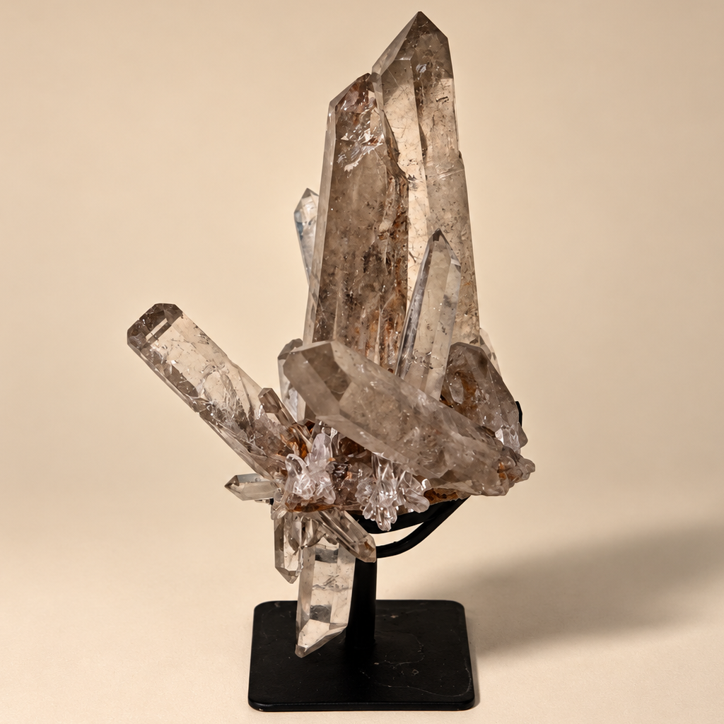 Smoky Quartz Crystal Generator Cluster on Metal Base